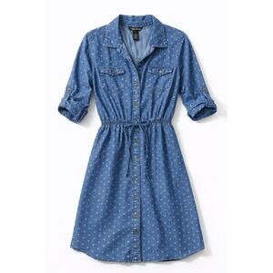 Millenium Chambray Shirt Dress Button Front Elastic Waist Small Classic Modest